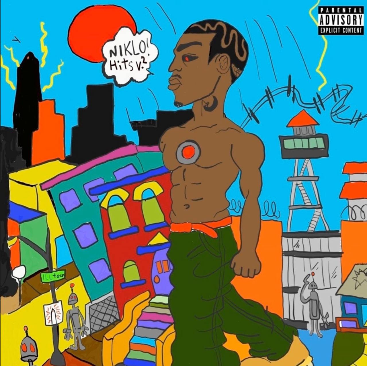 Niklo Hits V2 cover: Niklo, shirtless with a red glowing chest core and red eye, walking giant through a colorful hand-drawn city under a red moon